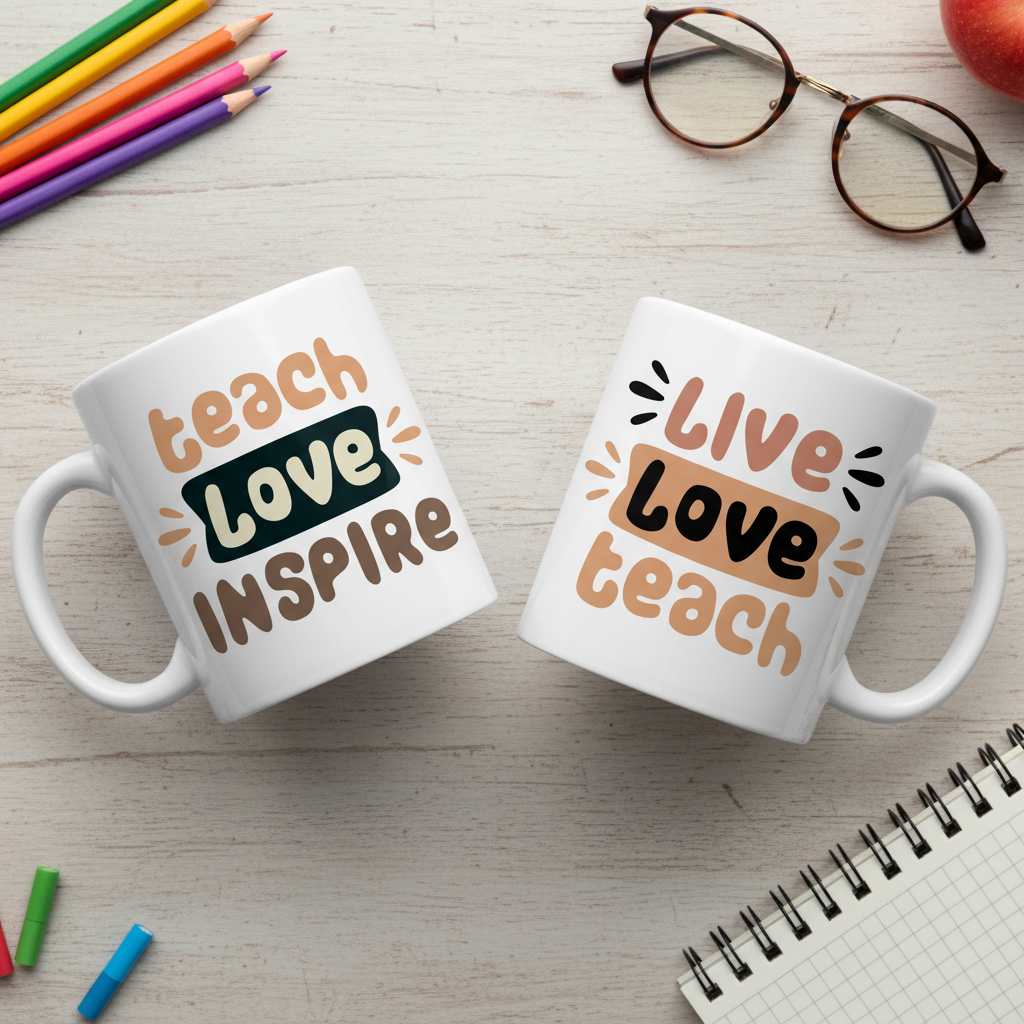Teacher coffee mug set of 2, white with dual design: "teach love inspire" and "live love teach"