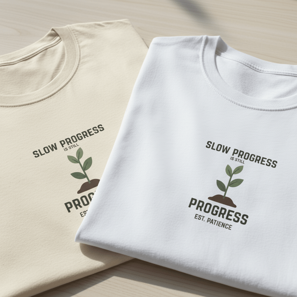 Natural and white crew-neck motivational T-shirts with minimal plant text graphic