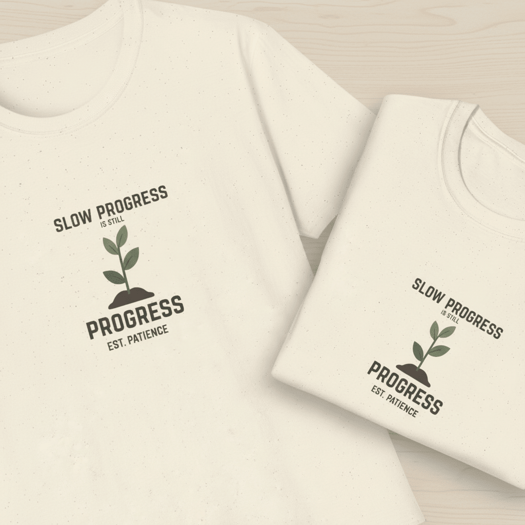 Light cream crew-neck T-shirts with “Slow Progress” plant graphic on front