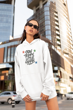 White pullover hoodie with front "Stay Trippy Little Hippie" star text graphic