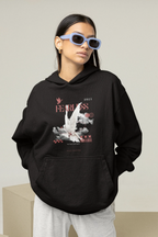 Black unisex hoodie with hood and front graphic, dropped sleeves