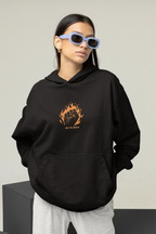 Black hooded sweatshirt with front pocket and orange flame face logo graphic