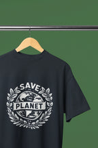 Navy T-shirt with white 'Save the Planet' circular chest logo