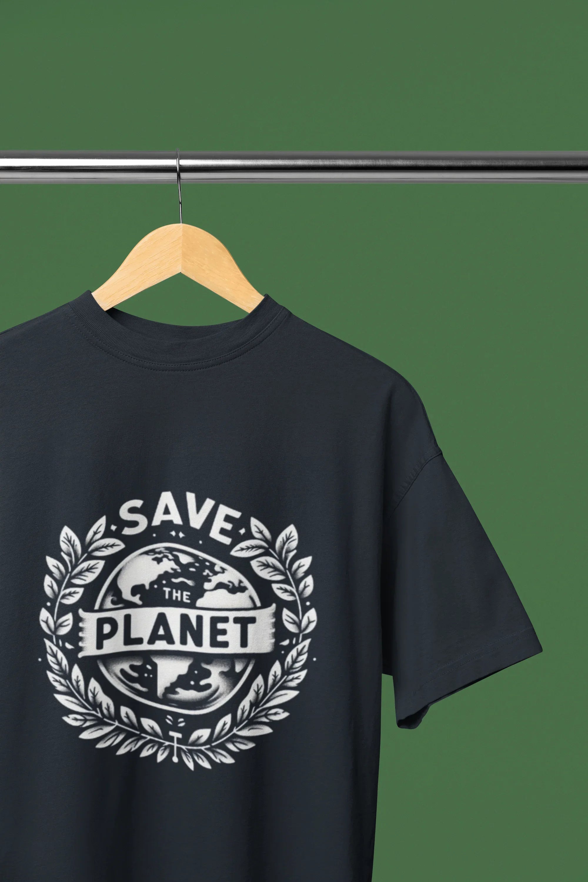 Navy T-shirt with white 'Save the Planet' circular chest logo