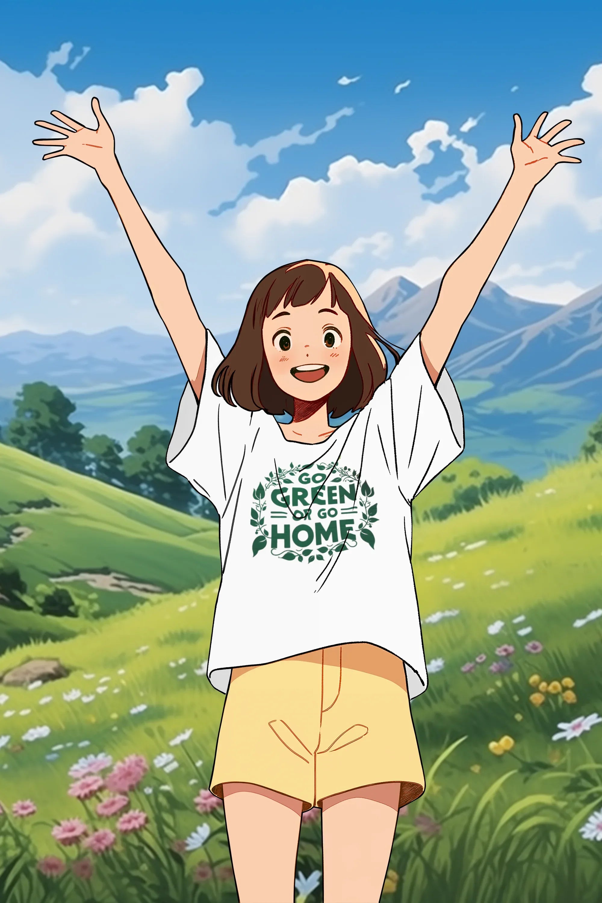 Kids cartoon illustration T-shirt design: "GO GREEN OR GO HOME"