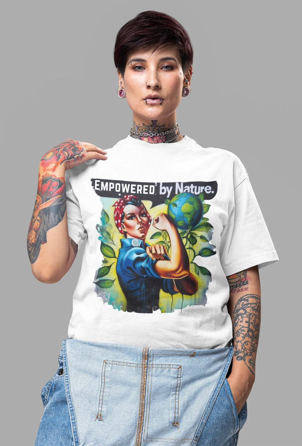 White crewneck graphic T-shirt with 'Empowered by Nature' slogan and nature character print