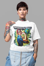 White crewneck graphic T-shirt with 'Empowered by Nature' slogan and nature character print