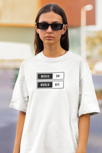 White unisex graphic T-shirt with “MUSIC ON” and “WORLD OFF” box print on chest