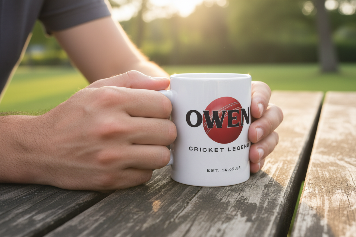 White ceramic mug with “OWEN” name print and “Cricket Legend” text, held on table