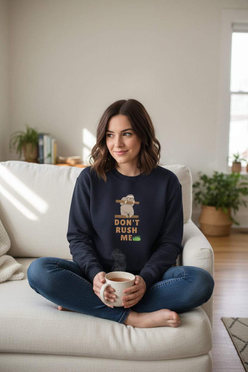Navy sloth graphic sweatshirt with “Don't Rush Me” text on the chest
