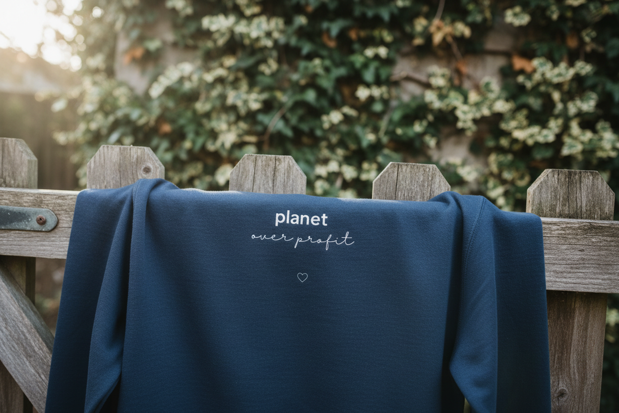 Oxford navy sweatshirt, back view close-up with planet logo and heart