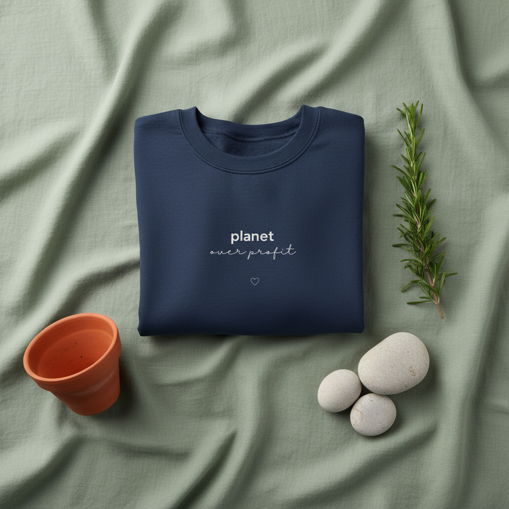 Dark navy crewneck sweatshirt, flat lay, with 'planet over profit' text and heart