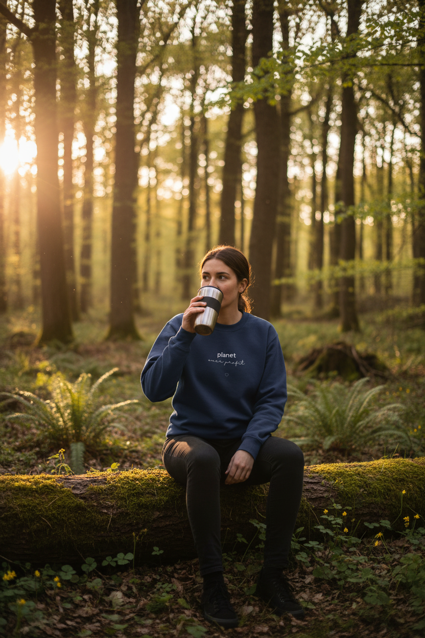 Dark navy crewneck sweatshirt with small chest text logo 'planet over profit'