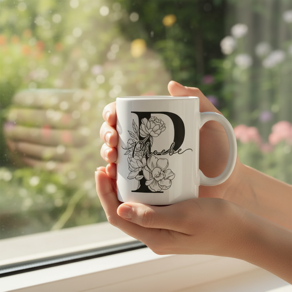 White personalized name mug held in hands with black floral design and “Phoebe”