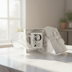Personalised mug in open white gift box with black floral monogram