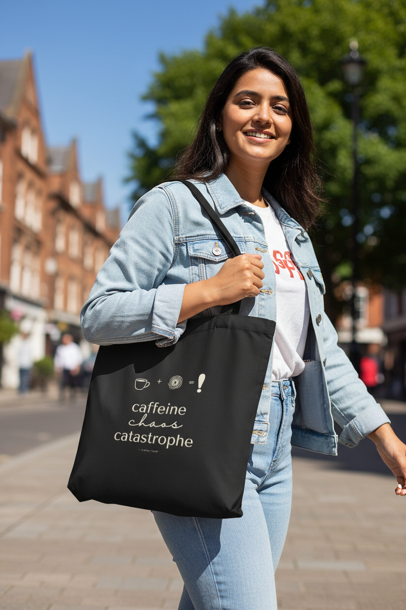 Black tote bag with white "caffeine chaos catastrophe" print