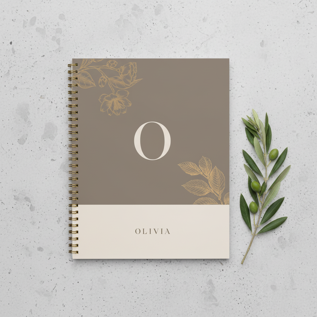 Personalised A5 notebook with gold initial O, floral design, and name OLIVIA on taupe cover