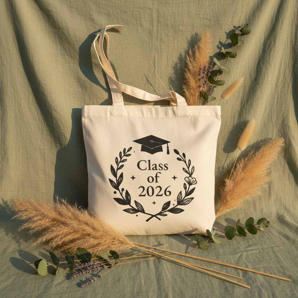 White graduation tote bag with Class of 2026 wreath graphic and tan handles
