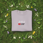 Lavender crewneck sweatshirt with “No to animal testing” chest graphic