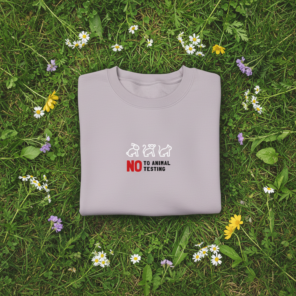 Lavender crewneck sweatshirt with “No to animal testing” chest graphic