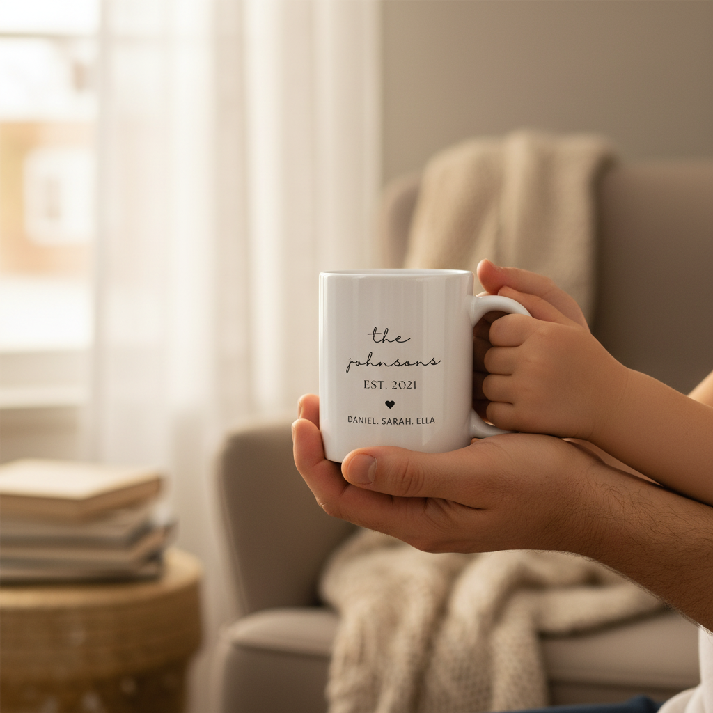 Parent and child hands on family name mug