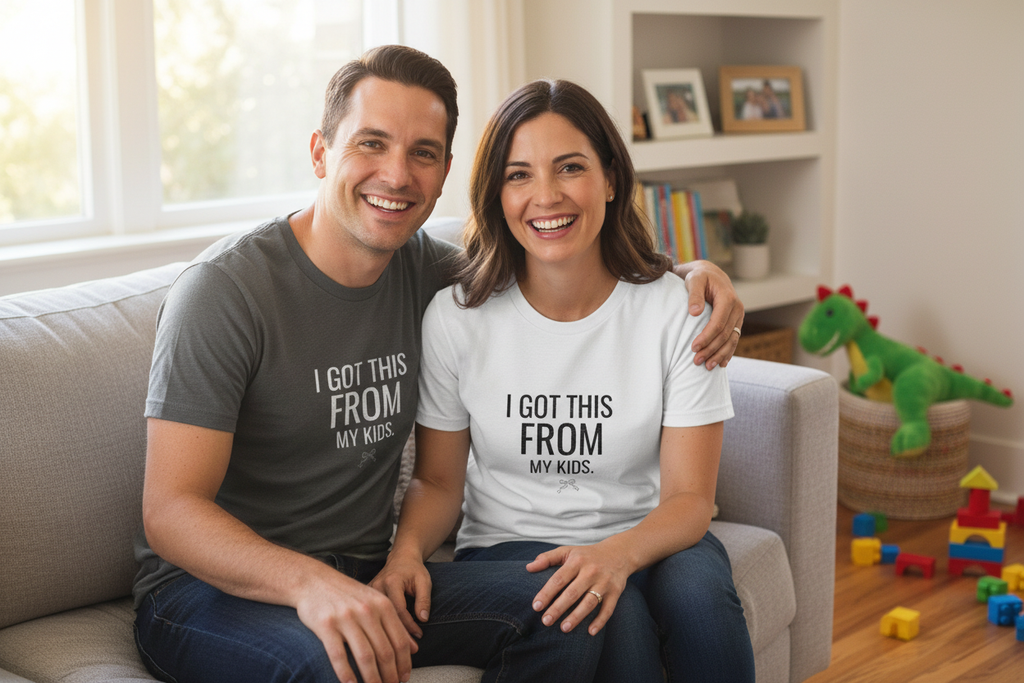White and grey graphic T-shirts with 'I GOT THIS FROM MY KIDS' front prints