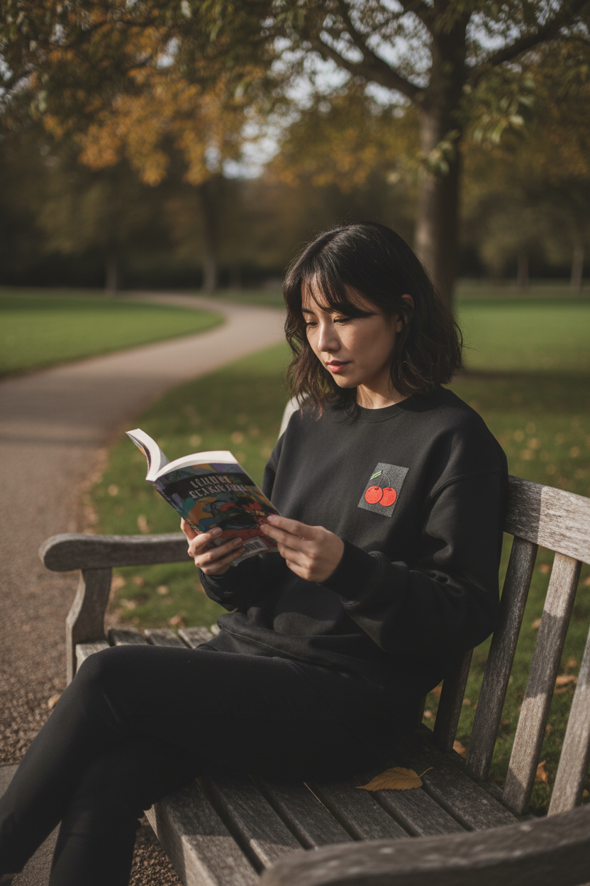 Black crew-neck sweatshirt with embroidered cherry patch on chest