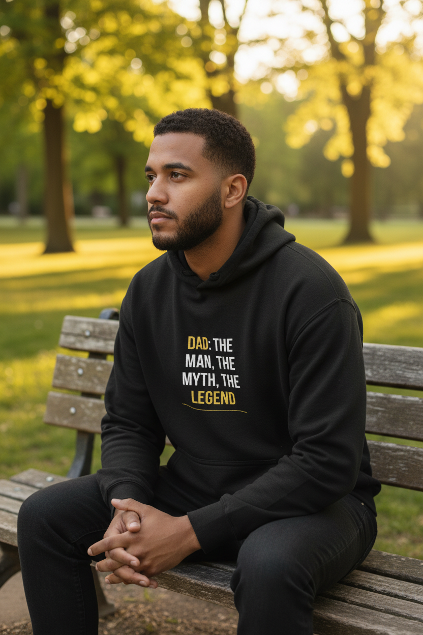 Black hooded sweatshirt with front pouch pocket and 'Dad...Legend' graphic