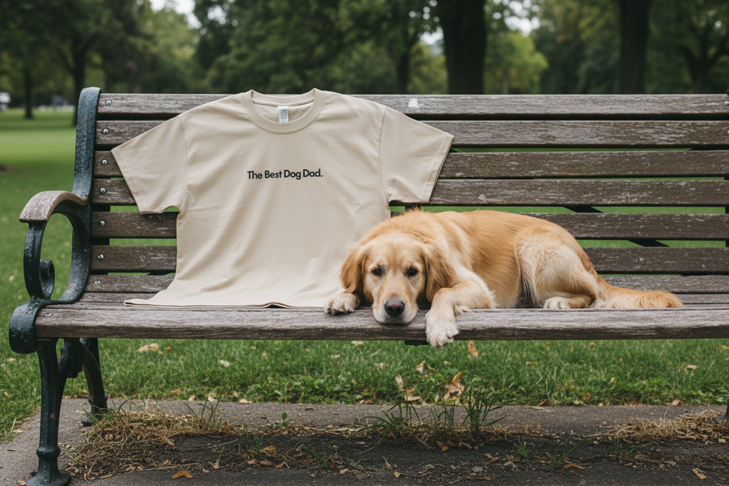 Beige custom text T-shirt with “The Best Dog Dad” print on the front.