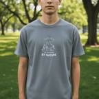 Nature graphic T-shirt in blue, crew neck with mountain and tree logo on chest