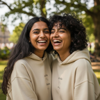 Beige hoodies with drawstring hoods, featuring small chest slogan graphic in dark print