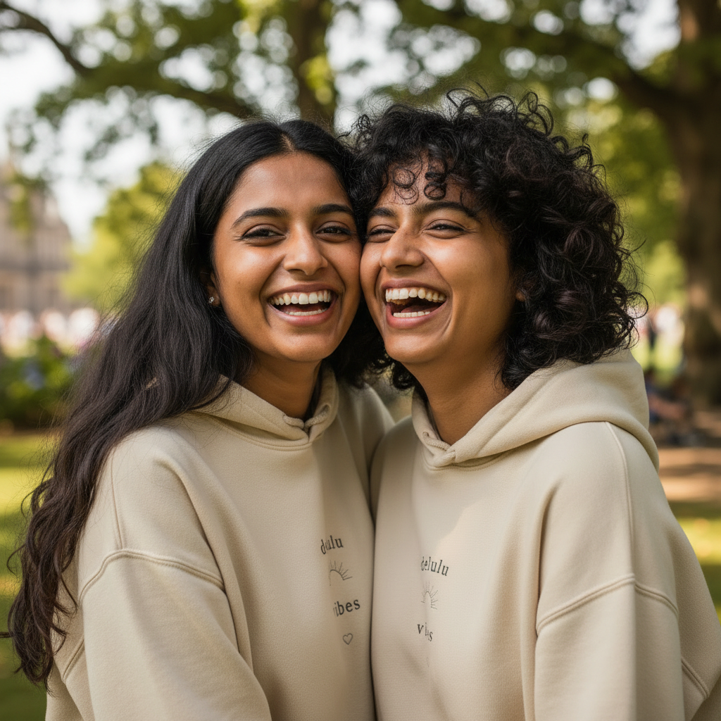 Beige hoodies with drawstring hoods, featuring small chest slogan graphic in dark print
