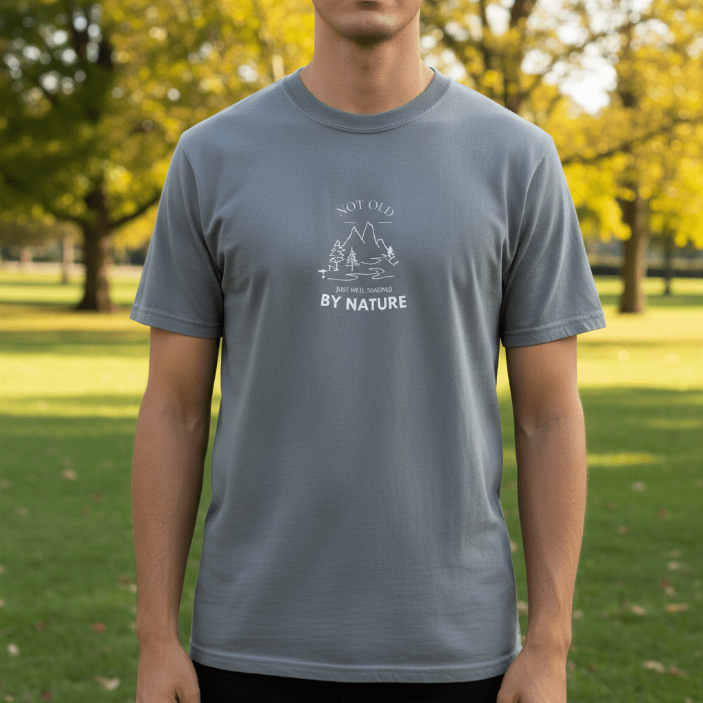 Nature graphic T-shirt in blue with mountain and tree logo on the front, crew neck