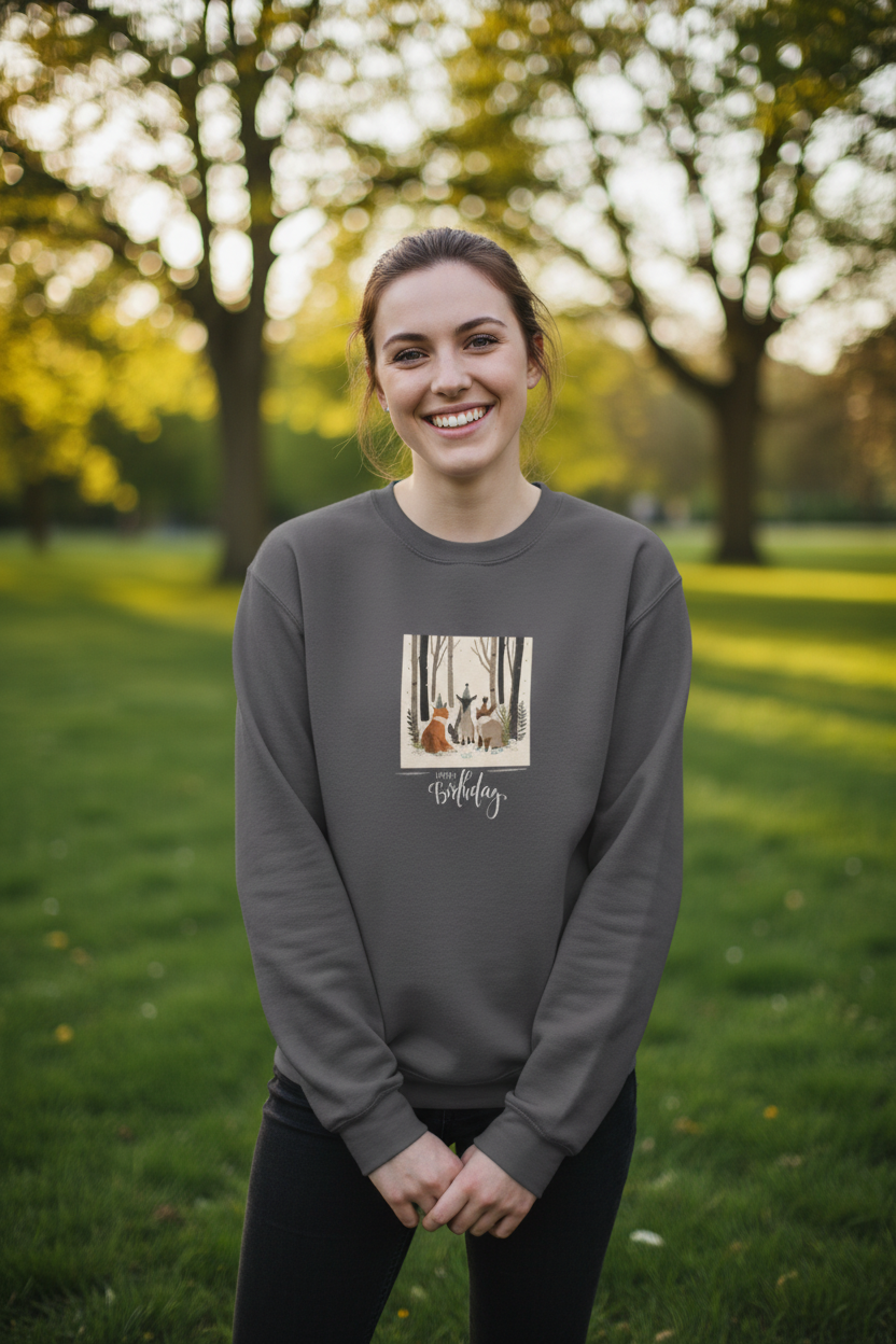 Charcoal woodland birthday animals sweatshirt on a person, with front foxes-in-trees graphic