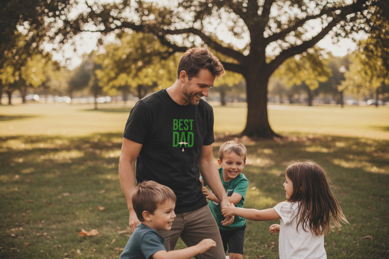Black men’s T-shirt with small green “BEST DAD” chest print
