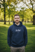 Navy hoodie on a person, 'Father' chest print and kangaroo pocket, drawstring hood
