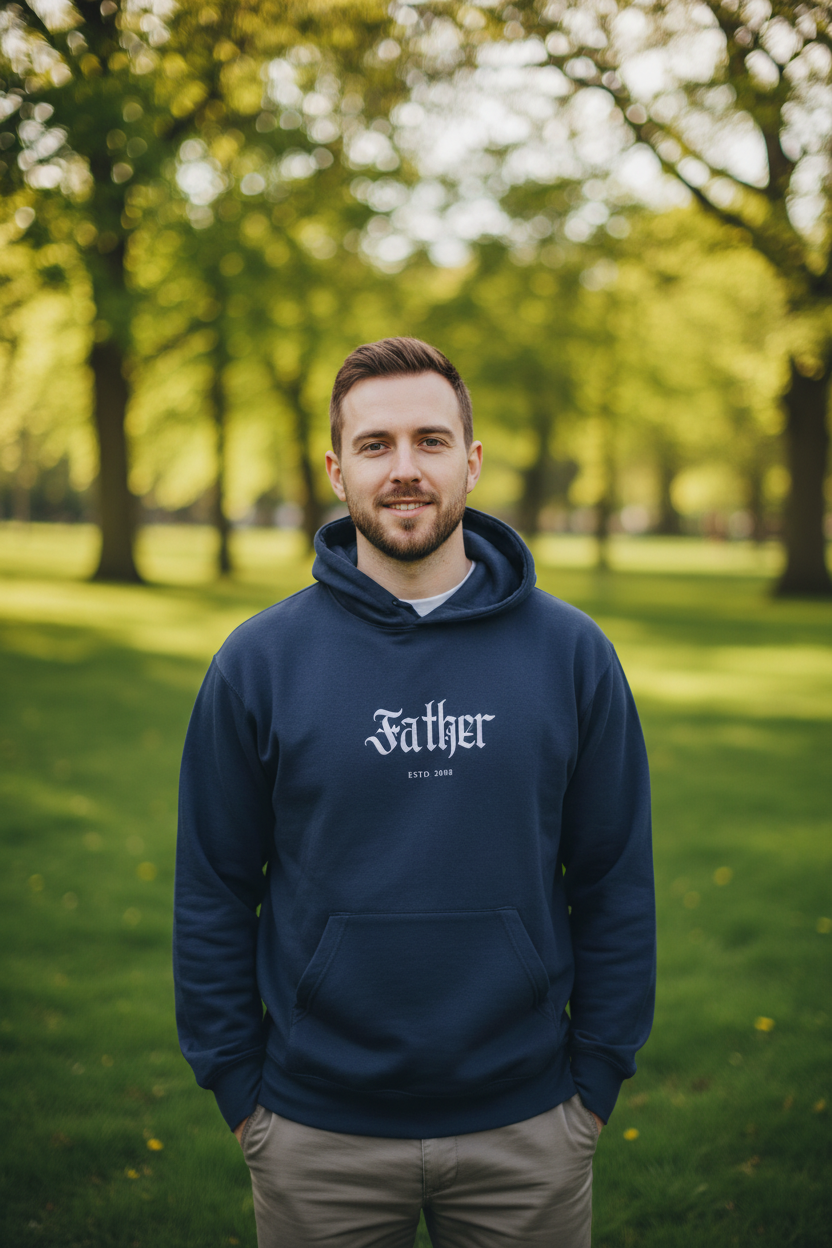 Navy hoodie on a person, 'Father' chest print and kangaroo pocket, drawstring hood
