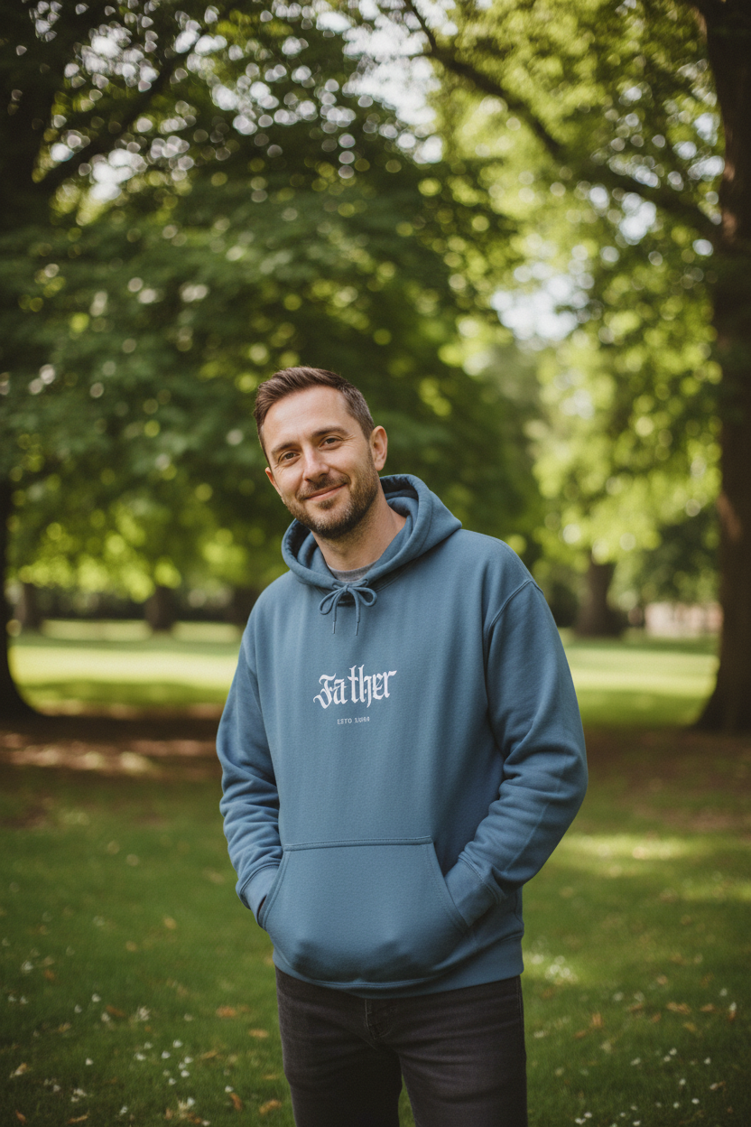 Man wearing a navy pullover hoodie with front pocket, hood drawstrings, and chest logo.