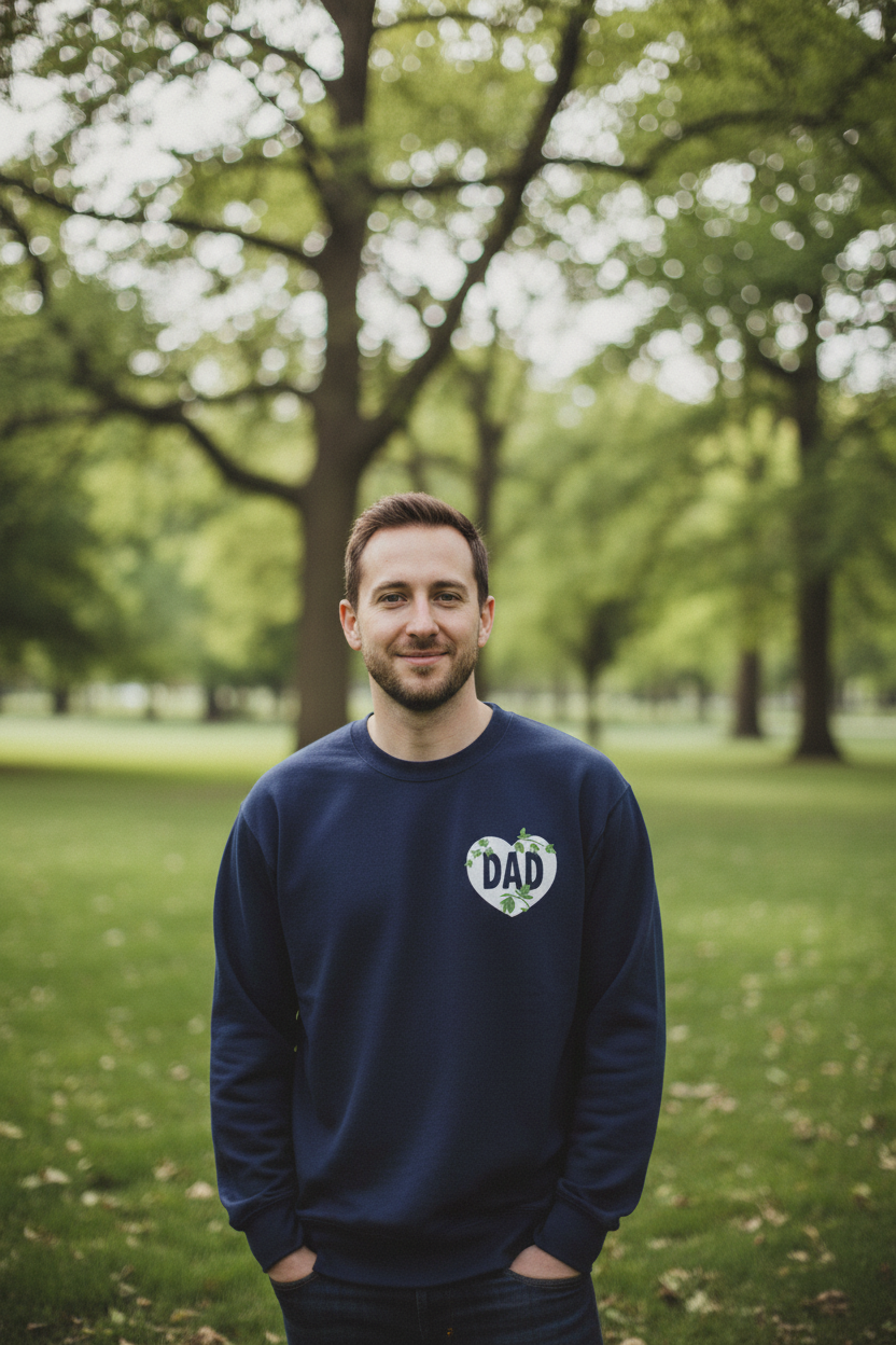 Sweatshirt, navy crewneck with DAD heart logo, worn by man