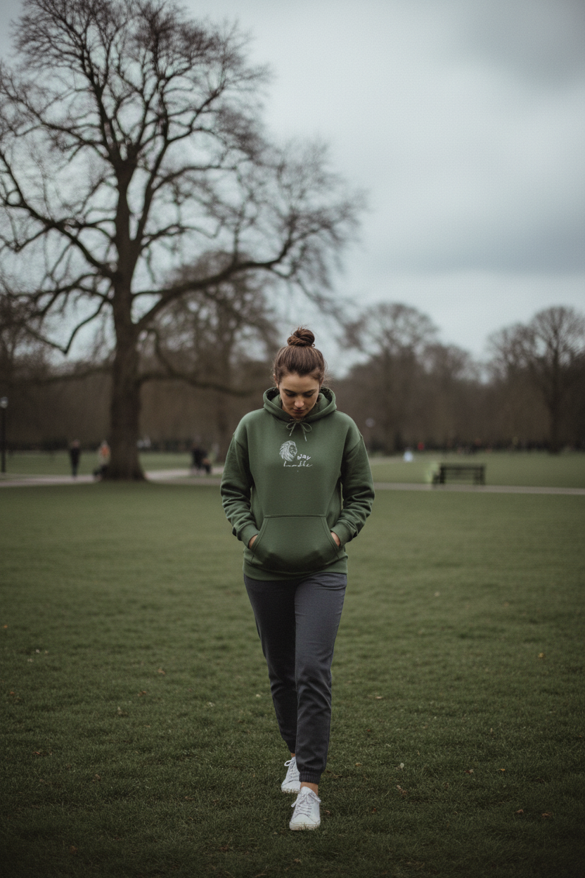 Military green unisex hoodie with lion head and “stay humble” chest graphic