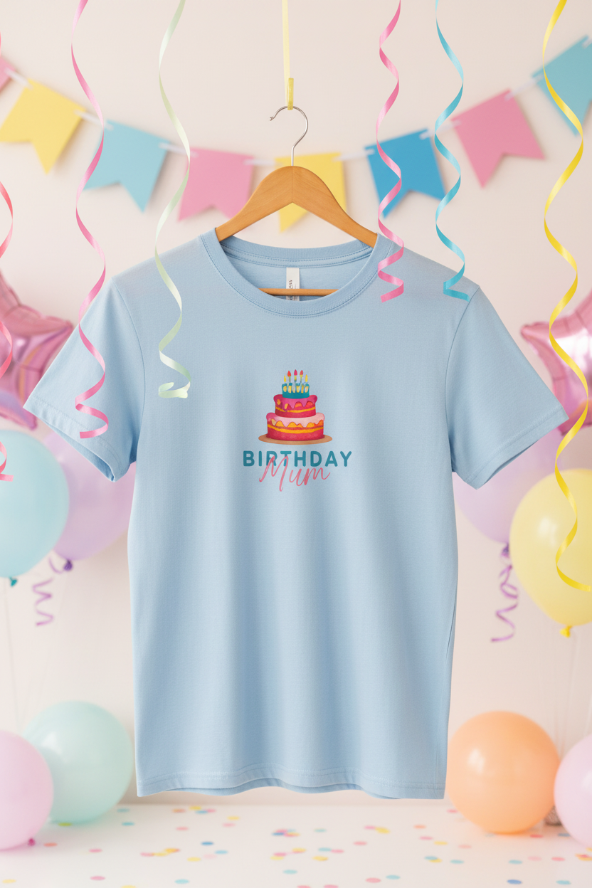 Light blue birthday cake graphic T-shirt on hanger with “Birthday Mum” print