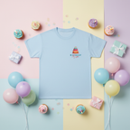 Light blue T-shirt with birthday cake graphic and 'Birthday Mum' text