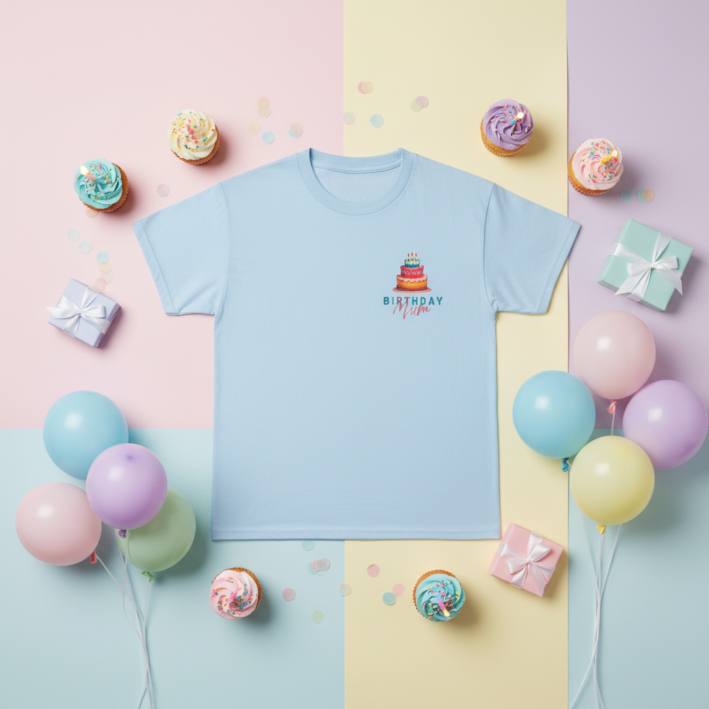 Light blue T-shirt with birthday cake graphic and 'Birthday Mum' text