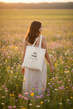 Natural canvas tote bag with “The Patel family” text on the back panel