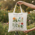 White tote bag held outdoors with botanical floral design and sister names/birth months
