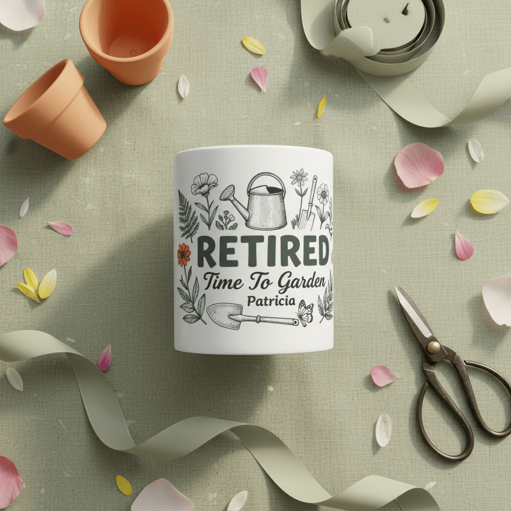 White Retired Time to Garden mug on fabric with petals and scissors