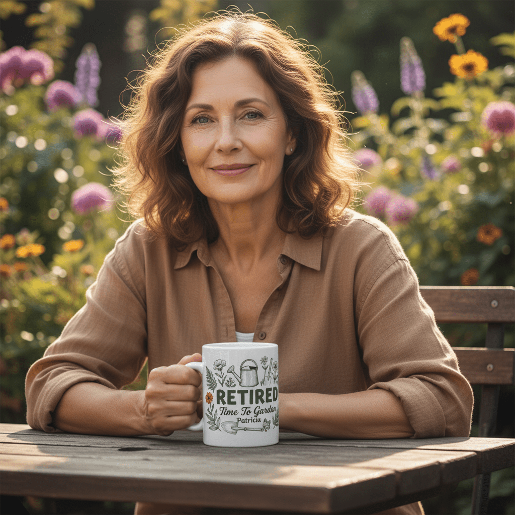 Retired Time to Garden mug on outdoor table with custom name