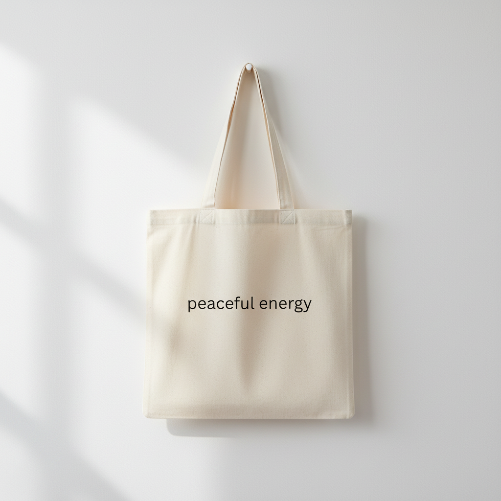 Peaceful energy tote hanging on white wall