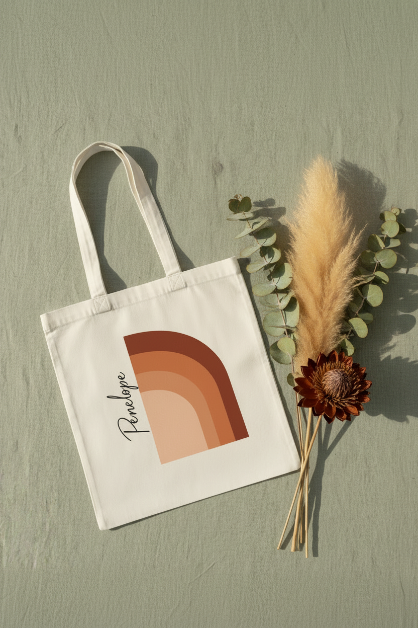 White cotton tote bag with terracotta abstract arch print and long stitched handles