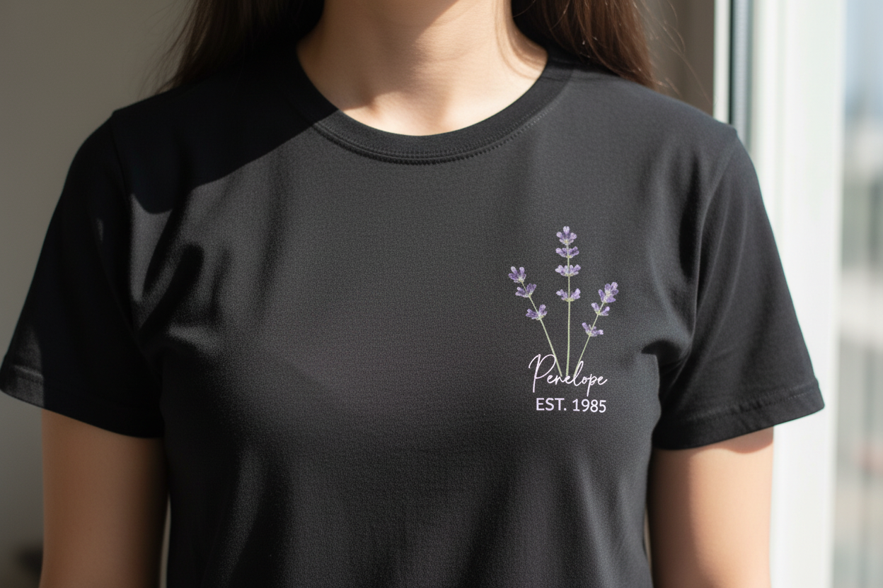Woman wearing personalised lavender sprig t-shirt in black — UGC style close-up showing name Penelope EST. 1985, botanical gift UK